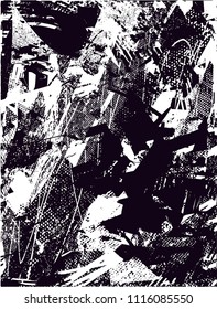 Distressed background in black and white texture with  dark spots, scratches and lines. Abstract vector illustration