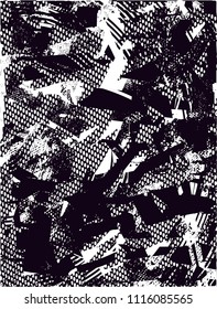 Distressed background in black and white texture with  dark spots, scratches and lines. Abstract vector illustration