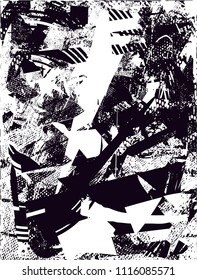 Distressed background in black and white texture with  dark spots, scratches and lines. Abstract vector illustration