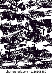 Distressed background in black and white texture with  dark spots, scratches and lines. Abstract vector illustration