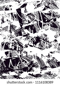 Distressed background in black and white texture with  dark spots, scratches and lines. Abstract vector illustration