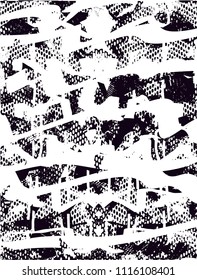 Distressed background in black and white texture with  dark spots, scratches and lines. Abstract vector illustration