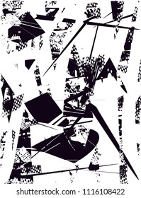 Distressed background in black and white texture with  dark spots, scratches and lines. Abstract vector illustration