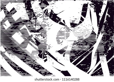 Distressed background in black and white texture with  dark spots, scratches and lines. Abstract vector illustration