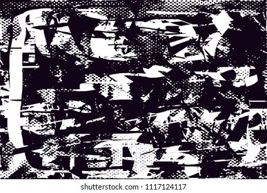 Distressed background in black and white texture with  dark spots, scratches and lines. Abstract vector illustration