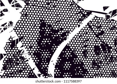 Distressed background in black and white texture with  dark spots, nets, scratches and lines. Abstract vector illustration