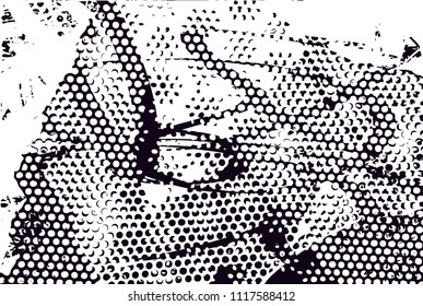 Distressed background in black and white texture with  dark spots, nets, scratches and lines. Abstract vector illustration