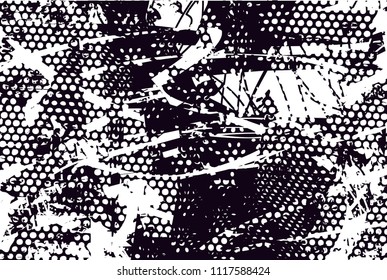 Distressed background in black and white texture with  dark spots, nets, scratches and lines. Abstract vector illustration