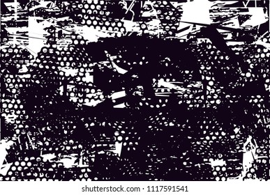 Distressed background in black and white texture with  dark spots, nets, scratches and lines. Abstract vector illustration