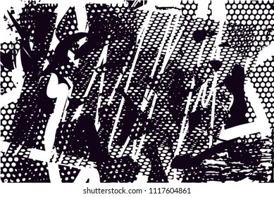 Distressed background in black and white texture with  dark spots, nets, scratches and lines. Abstract vector illustration