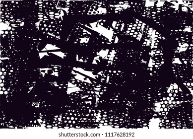 Distressed background in black and white texture with  dark spots, nets, scratches and lines. Abstract vector illustration
