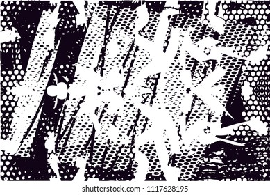 Distressed background in black and white texture with  dark spots, nets, scratches and lines. Abstract vector illustration