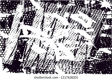 Distressed background in black and white texture with  dark spots, nets, scratches and lines. Abstract vector illustration