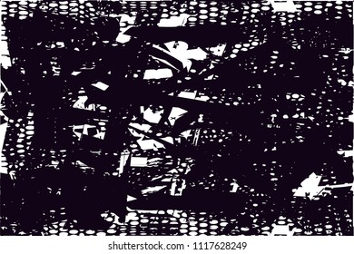 Distressed background in black and white texture with  dark spots, nets, scratches and lines. Abstract vector illustration