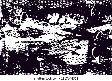 Distressed background in black and white texture with  dark spots, nets, scratches and lines. Abstract vector illustration