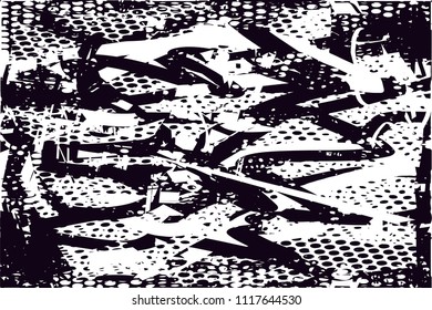 Distressed background in black and white texture with  dark spots, nets, scratches and lines. Abstract vector illustration