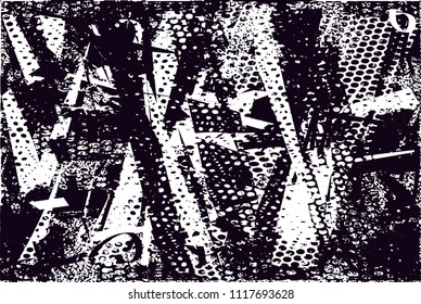 Distressed background in black and white texture with  dark spots, nets, scratches and lines. Abstract vector illustration