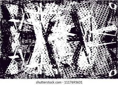 Distressed background in black and white texture with  dark spots, nets, scratches and lines. Abstract vector illustration