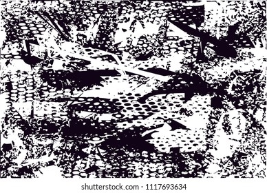 Distressed background in black and white texture with  dark spots, nets, scratches and lines. Abstract vector illustration