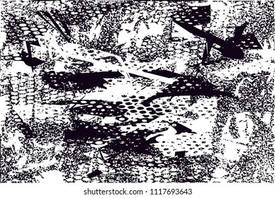 Distressed background in black and white texture with  dark spots, nets, scratches and lines. Abstract vector illustration