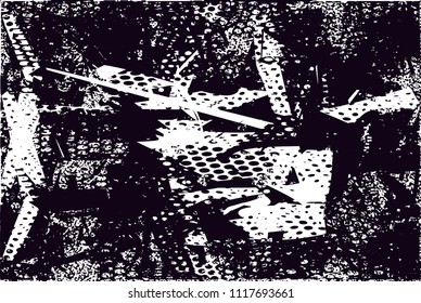 Distressed background in black and white texture with  dark spots, nets, scratches and lines. Abstract vector illustration