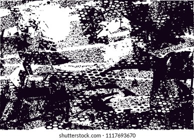 Distressed background in black and white texture with  dark spots, nets, scratches and lines. Abstract vector illustration