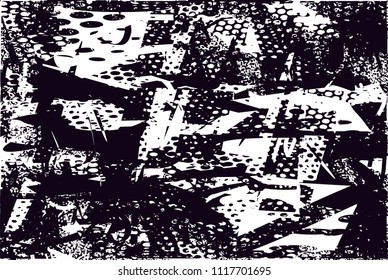Distressed background in black and white texture with  dark spots, nets, scratches and lines. Abstract vector illustration