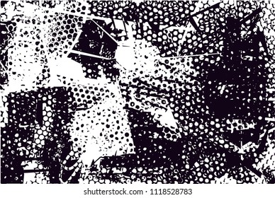 Distressed background in black and white texture with  dark spots, nets, scratches and lines. Abstract vector illustration