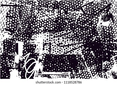 Distressed background in black and white texture with  dark spots, nets, scratches and lines. Abstract vector illustration