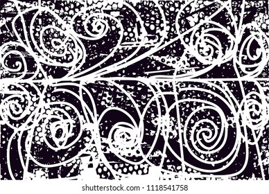 Distressed background in black and white texture with  dark spots, nets, scratches and lines. Abstract vector illustration
