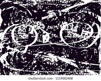 Distressed background in black and white texture with  dark spots, nets, scratches and lines. Abstract vector illustration