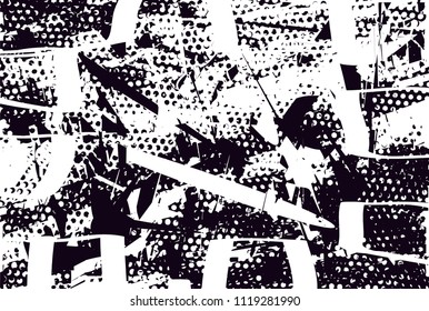Distressed background in black and white texture with  dark spots, nets, scratches and lines. Abstract vector illustration