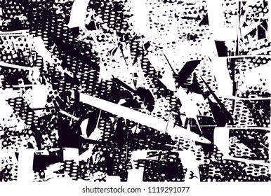 Distressed background in black and white texture with  dark spots, nets, scratches and lines. Abstract vector illustration