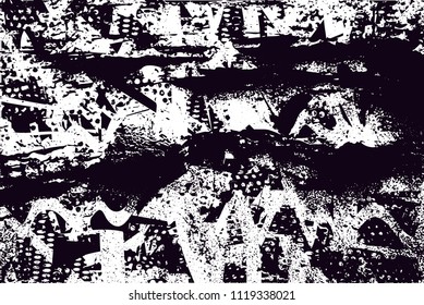 Distressed background in black and white texture with  dark spots, nets, scratches and lines. Abstract vector illustration