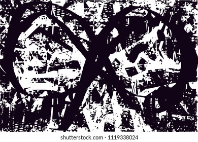 Distressed background in black and white texture with  dark spots, nets, scratches and lines. Abstract vector illustration