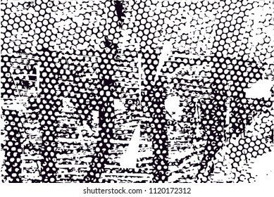 Distressed background in black and white texture with  dark spots, nets, scratches and lines. Abstract vector illustration