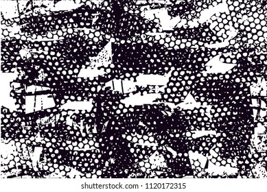 Distressed background in black and white texture with  dark spots, nets, scratches and lines. Abstract vector illustration