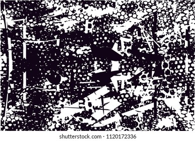 Distressed background in black and white texture with  dark spots, nets, scratches and lines. Abstract vector illustration