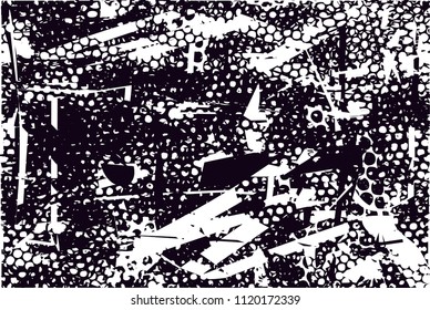 Distressed background in black and white texture with  dark spots, nets, scratches and lines. Abstract vector illustration