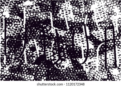 Distressed background in black and white texture with  dark spots, nets, scratches and lines. Abstract vector illustration