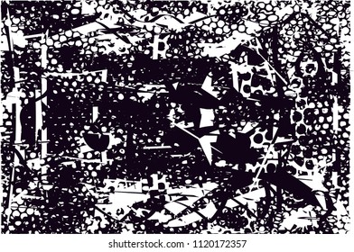 Distressed background in black and white texture with  dark spots, nets, scratches and lines. Abstract vector illustration
