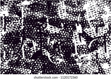 Distressed background in black and white texture with  dark spots, nets, scratches and lines. Abstract vector illustration