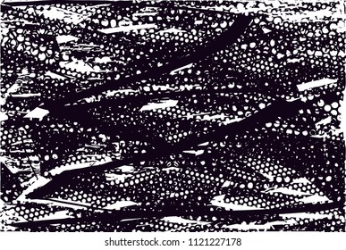 Distressed background in black and white texture with  dark spots, nets, scratches and lines. Abstract vector illustration