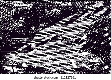 Distressed background in black and white texture with  dark spots, nets, scratches and lines. Abstract vector illustration