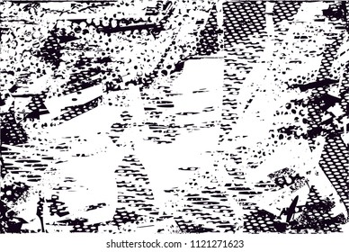 Distressed background in black and white texture with  dark spots, nets, scratches and lines. Abstract vector illustration