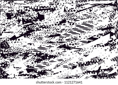 Distressed background in black and white texture with  dark spots, nets, scratches and lines. Abstract vector illustration
