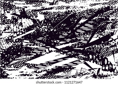 Distressed background in black and white texture with  dark spots, nets, scratches and lines. Abstract vector illustration