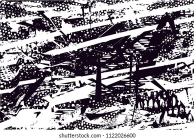 Distressed background in black and white texture with  dark spots, nets, scratches and lines. Abstract vector illustration
