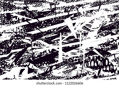 Distressed background in black and white texture with  dark spots, nets, scratches and lines. Abstract vector illustration
