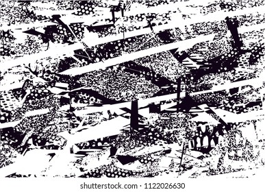 Distressed background in black and white texture with  dark spots, nets, scratches and lines. Abstract vector illustration